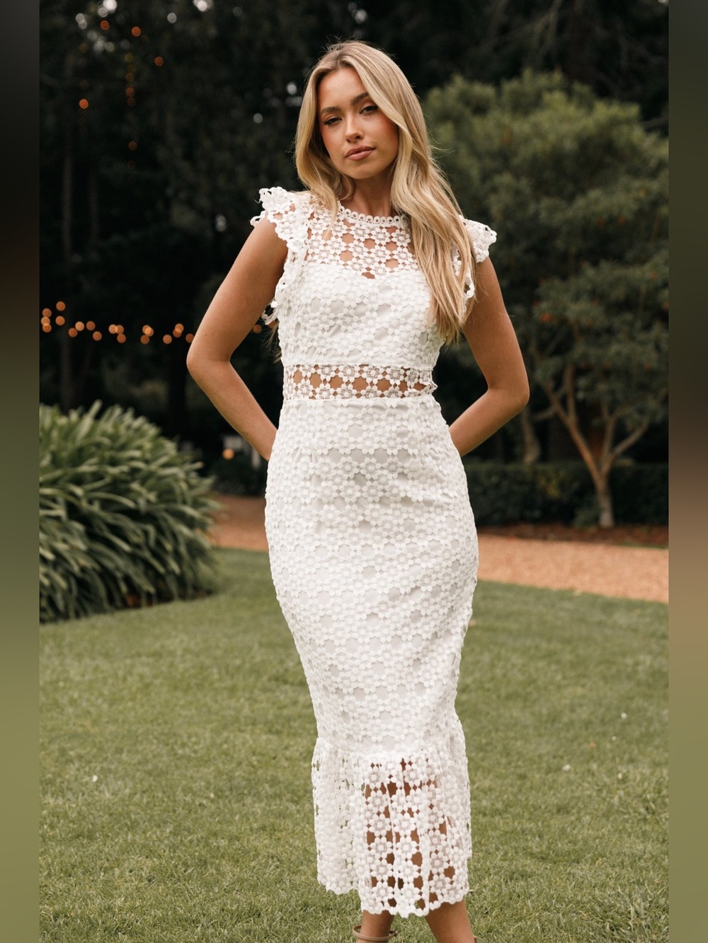 Petal & Pup White Floral Crochet Midi Dress with Ruffle Hem - Picture 8 of 8